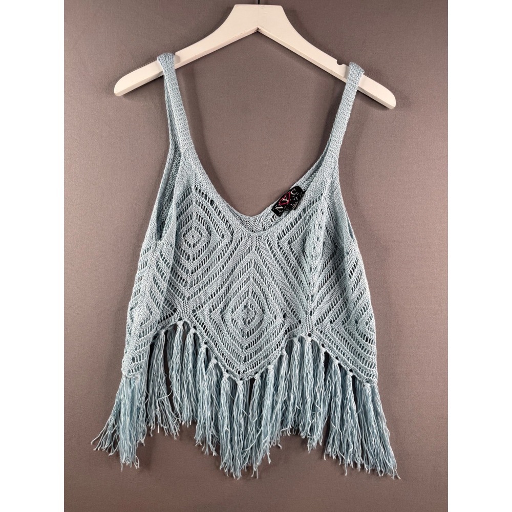 Crochet‎ Fringe Tank Top Womens L Blue Boho Knit V-Neck Festival Western